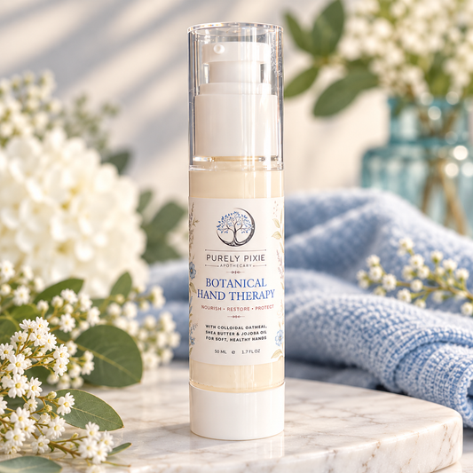Purely Pixie Apothecary Botanical Hand Therapy hand cream in a 50 mL airless pump bottle with white top.